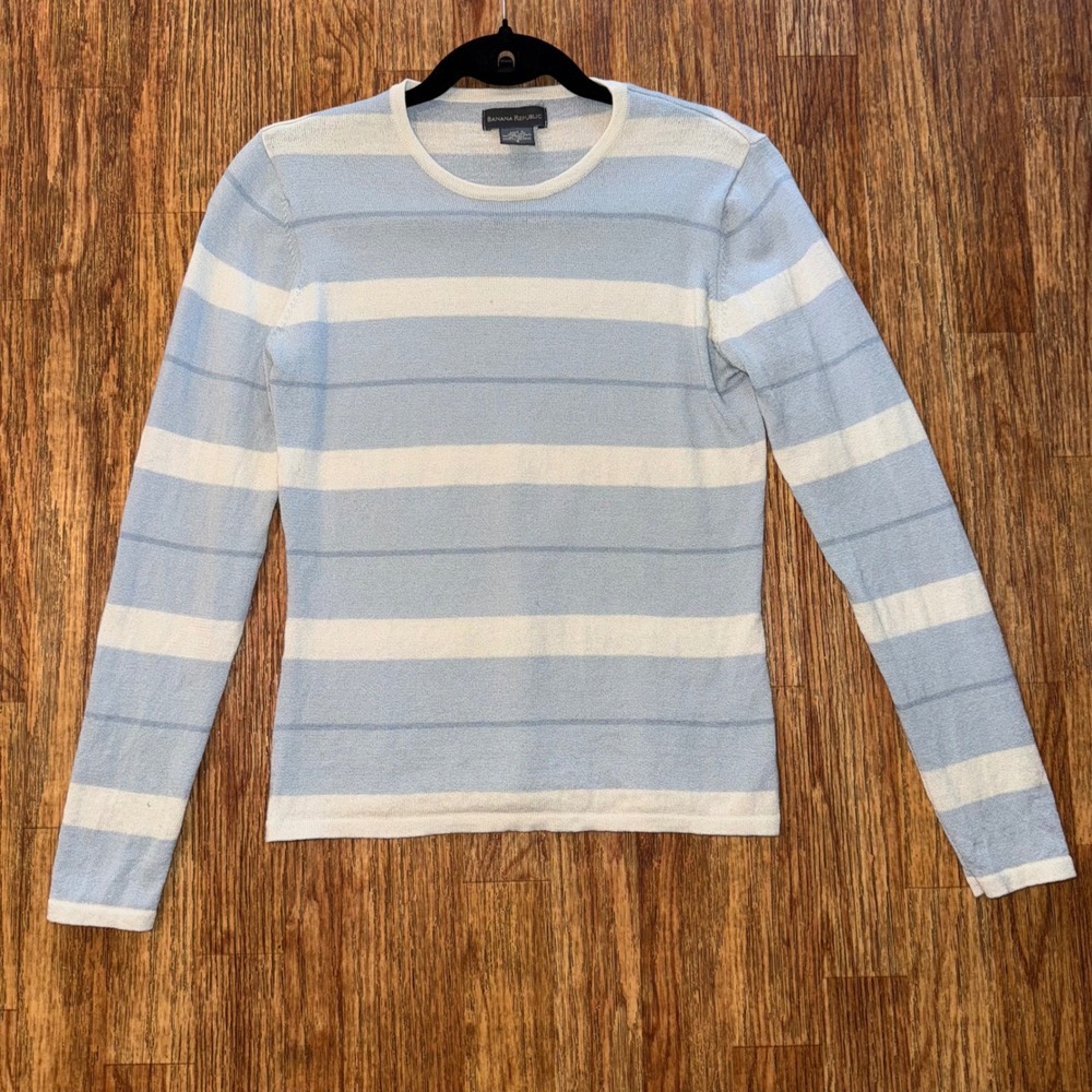Banana Republic Sweater Crewneck Blue & White Stripe Merino Wool Small Preppy